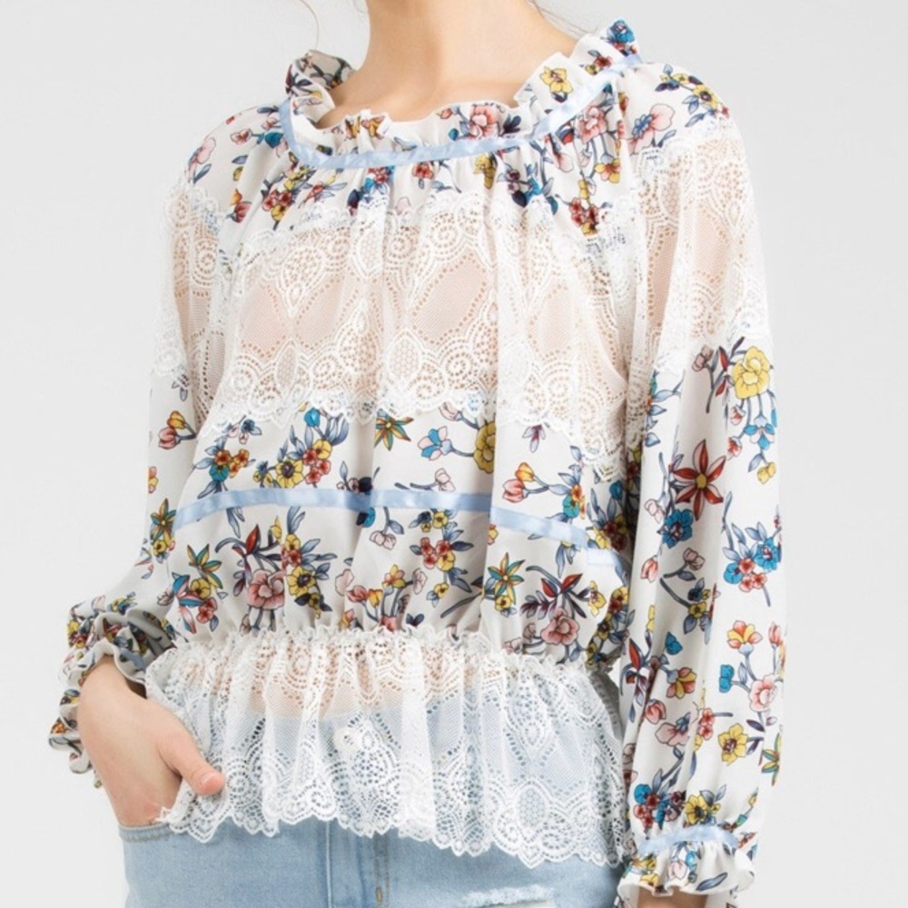 SALE POL White + Blue Flowers & Lace High Neck Top - Picture 3 of 13